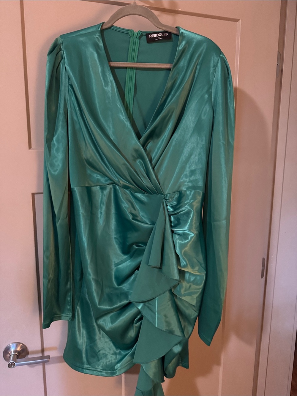 Rebdolls Teal Satin Ruffle Wrap Mini Dress